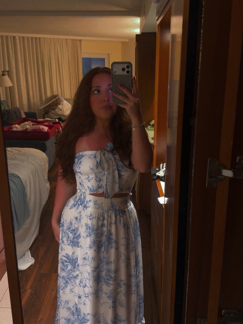 Blue and White Floral Strapless Maxi Dress by